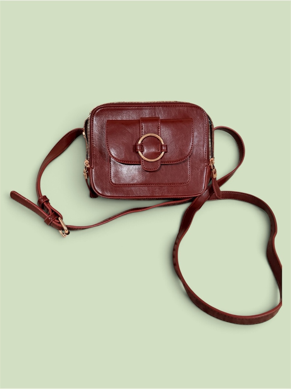 Miztique Deep Red Leather Crossbody with Gold Ring